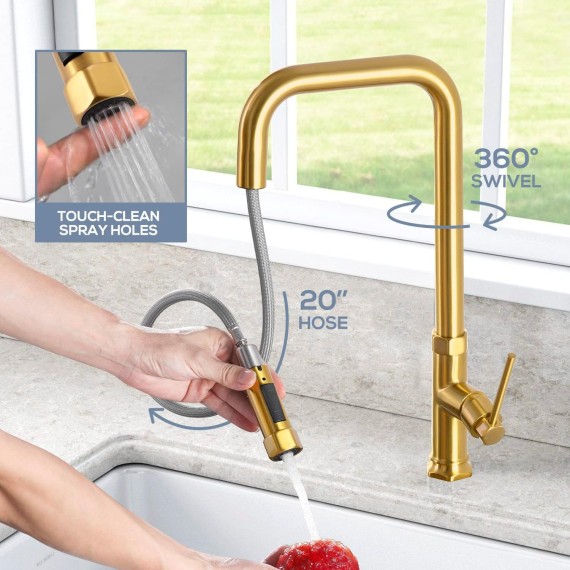 Gold Kitchen Faucets Brass Kitchen Faucets with Pull Down Sprayer Modern Single Handle Kitchen Sink Faucets with Deck Plate Kitchen Faucet Gold for 1 or 3 Hole Sink