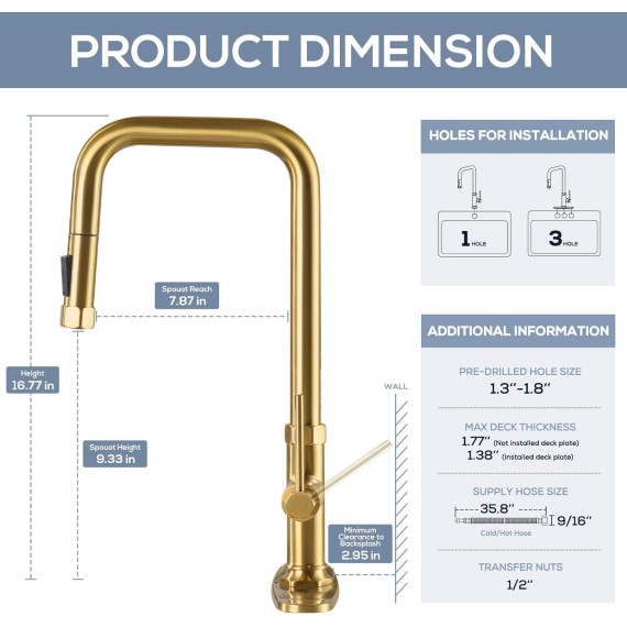 Gold Kitchen Faucets Brass Kitchen Faucets with Pull Down Sprayer Modern Single Handle Kitchen Sink Faucets with Deck Plate Kitchen Faucet Gold for 1 or 3 Hole Sink