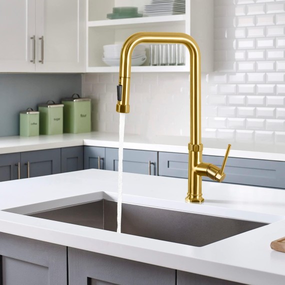 Gold Kitchen Faucets Brass Kitchen Faucets with Pull Down Sprayer Modern Single Handle Kitchen Sink Faucets with Deck Plate Kitchen Faucet Gold for 1 or 3 Hole Sink