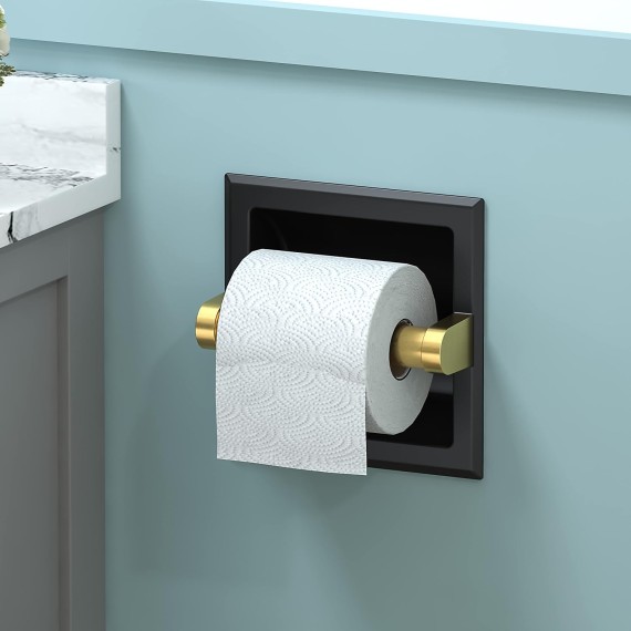 Insert Black and Gold Toilet Paper Holder Wall Mount, in Wall Toilet Paper Holder 304 Stainless Steel, Bathroom Recessed Toilet Paper Holder Black, Square Toilet Paper Roll Holder Gold