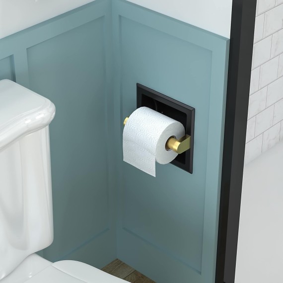 Insert Black and Gold Toilet Paper Holder Wall Mount, in Wall Toilet Paper Holder 304 Stainless Steel, Bathroom Recessed Toilet Paper Holder Black, Square Toilet Paper Roll Holder Gold