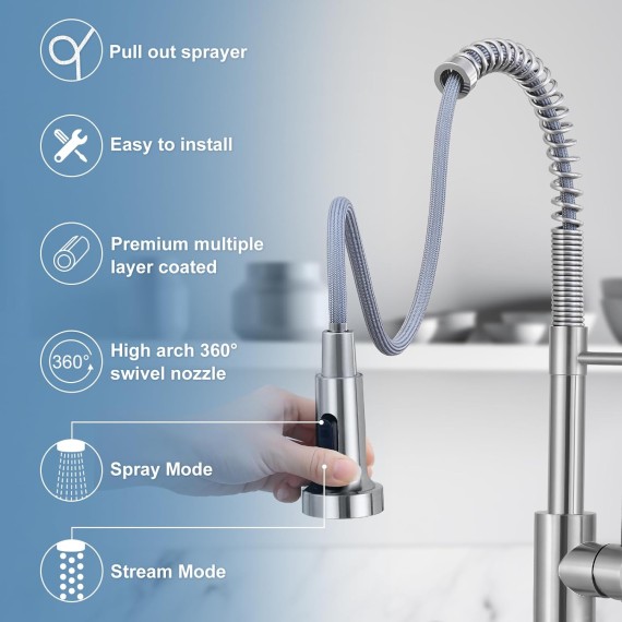 Kitchen Faucets with Pull Down Sprayer Brushed Nickel -【Touchless】Single Handle 1 or 3 Holes Spring Kitchen Sink Faucet with Deck Plate for Farmhouse RV Vessel Basin