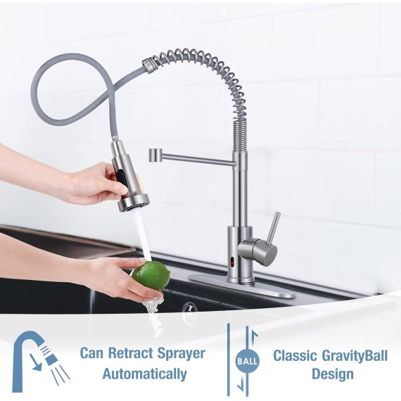 Kitchen Faucets with Pull Down Sprayer Brushed Nickel -【Touchless】Single Handle 1 or 3 Holes Spring Kitchen Sink Faucet with Deck Plate for Farmhouse RV Vessel Basin