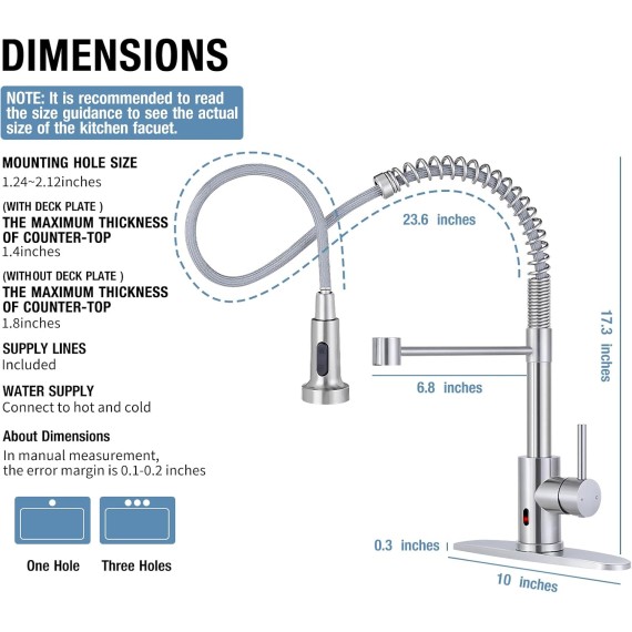 Kitchen Faucets with Pull Down Sprayer Brushed Nickel -【Touchless】Single Handle 1 or 3 Holes Spring Kitchen Sink Faucet with Deck Plate for Farmhouse RV Vessel Basin