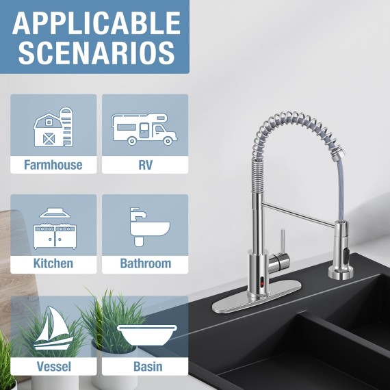 Kitchen Faucets with Pull Down Sprayer Brushed Nickel -【Touchless】Single Handle 1 or 3 Holes Spring Kitchen Sink Faucet with Deck Plate for Farmhouse RV Vessel Basin