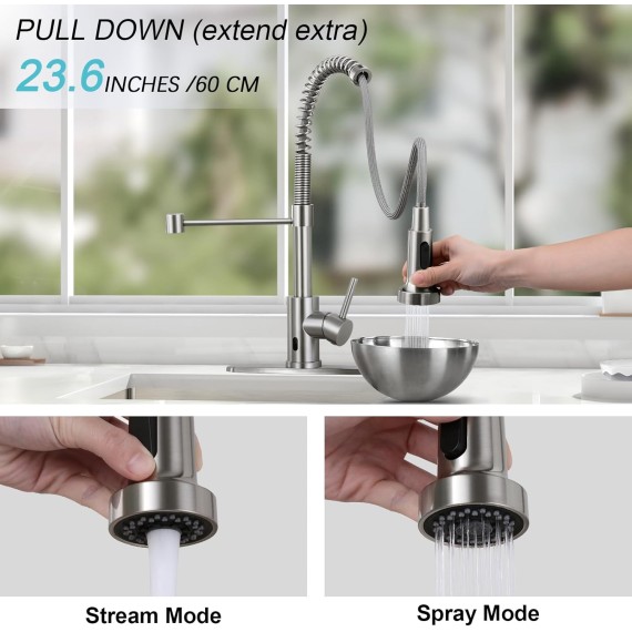 Kitchen Faucets with Pull Down Sprayer Brushed Nickel -【Touchless】Single Handle 1 or 3 Holes Spring Kitchen Sink Faucet with Deck Plate for Farmhouse RV Vessel Basin