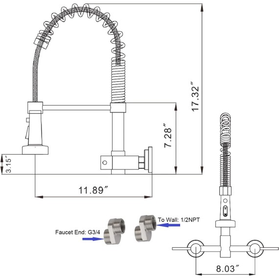 Wall Mount Kitchen Faucet, 8 Inch Center Wall Mount Kitchen Sink Faucet with Pull Down Sprayer, Wall Mount Faucet with SprayerCommercial Wall Mount Faucet, Brushed Nickel