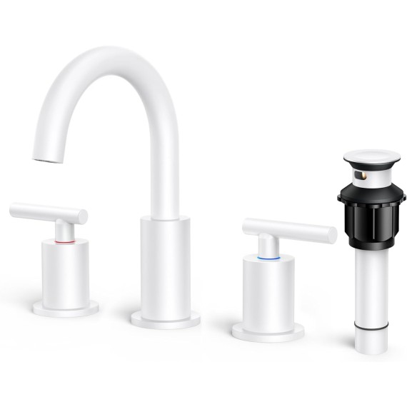 White Bathroom Faucet 3 Hole, 8 Inch Widespread Bathroom Faucet White with Metal Pop-up Drain Assembly, 2 Handle Modern Vanity Faucet with cUPC Supply Lines, 9" White Bathroom Faucet