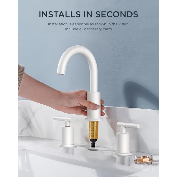 White Bathroom Faucet 3 Hole, 8 Inch Widespread Bathroom Faucet White with Metal Pop-up Drain Assembly, 2 Handle Modern Vanity Faucet with cUPC Supply Lines, 9" White Bathroom Faucet