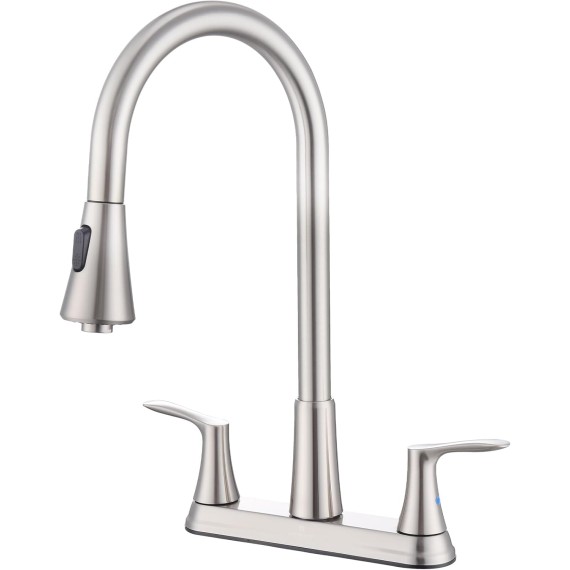 2 Handles Kitchen Faucet with Pull Down Sprayer for 3 Hole Sink, 8 inch 360° Rotating Spout Centerset Kitchen Sink Faucet with Water Lines Brushed Nickel