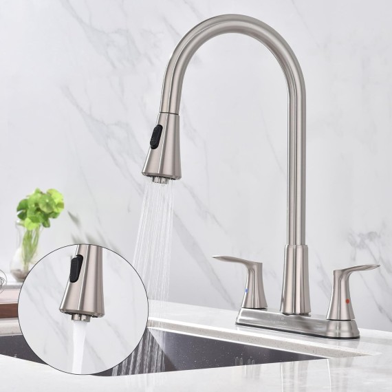 2 Handles Kitchen Faucet with Pull Down Sprayer for 3 Hole Sink, 8 inch 360° Rotating Spout Centerset Kitchen Sink Faucet with Water Lines Brushed Nickel