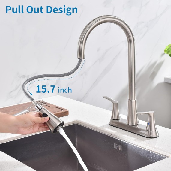 2 Handles Kitchen Faucet with Pull Down Sprayer for 3 Hole Sink, 8 inch 360° Rotating Spout Centerset Kitchen Sink Faucet with Water Lines Brushed Nickel