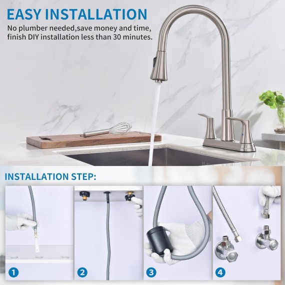 2 Handles Kitchen Faucet with Pull Down Sprayer for 3 Hole Sink, 8 inch 360° Rotating Spout Centerset Kitchen Sink Faucet with Water Lines Brushed Nickel