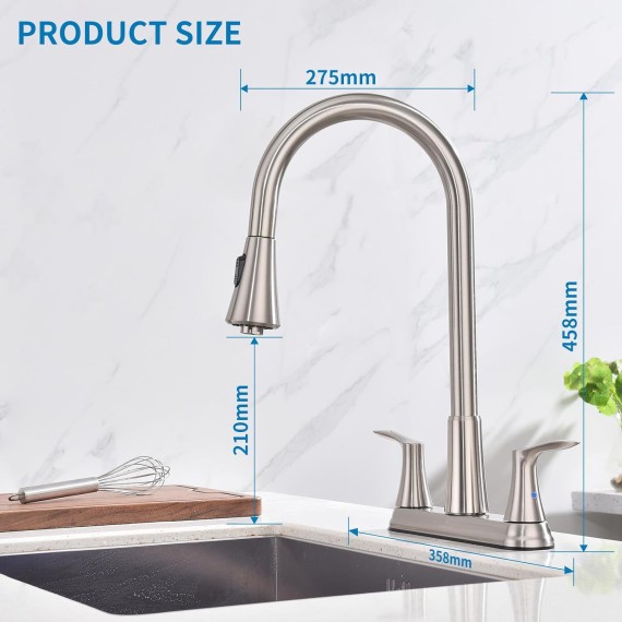 2 Handles Kitchen Faucet with Pull Down Sprayer for 3 Hole Sink, 8 inch 360° Rotating Spout Centerset Kitchen Sink Faucet with Water Lines Brushed Nickel