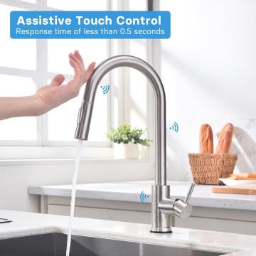 Touch Kitchen Sink Faucets with Pull Down Sprayer, Touch on Activated Faucet for Kitchen Bar Sink, Smart Kitchen Faucet, Stainless Steel Brushed Silver (Brushed Stainless Steel)