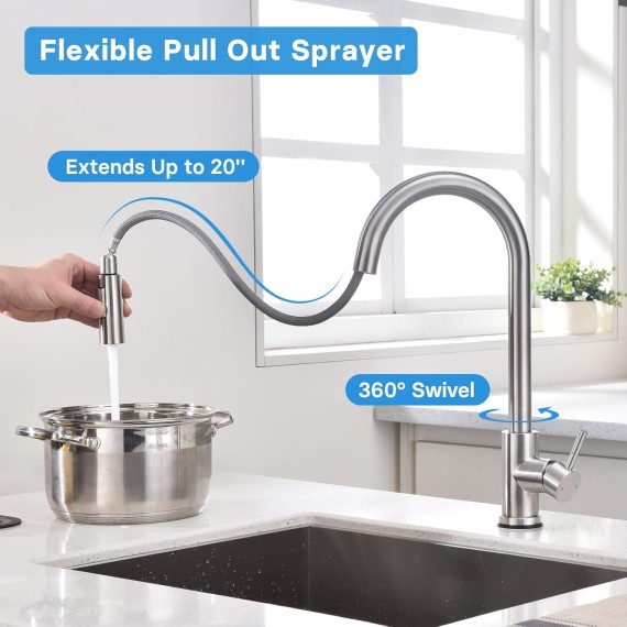 Touch Kitchen Sink Faucets with Pull Down Sprayer, Touch on Activated Faucet for Kitchen Bar Sink, Smart Kitchen Faucet, Stainless Steel Brushed Silver (Brushed Stainless Steel)