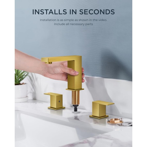 Gold Bathroom Faucet 3 Hole, 2 Handle Bathroom Faucets for Sink with Metal Pop Up Drain, Square 8 inch Widespread Bathroom Faucet, 6-12" Brushed Gold Bathroom Sink Faucet Vanity Faucet 3 Holes