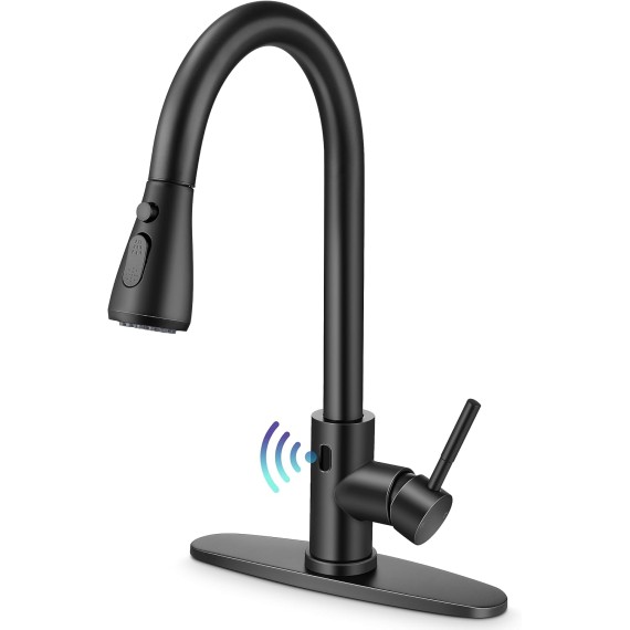 Touchless Kitchen Sink Faucet with Pull Down Sprayer, Herogo Matte Black 18/10 Stainless Steel Motion Sensor Faucet for Kitchen Sink, Single Handle Smart Activated Kitchen Faucet for Farmhouse RV