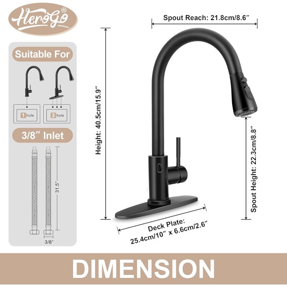 Touchless Kitchen Sink Faucet with Pull Down Sprayer, Herogo Matte Black 18/10 Stainless Steel Motion Sensor Faucet for Kitchen Sink, Single Handle Smart Activated Kitchen Faucet for Farmhouse RV