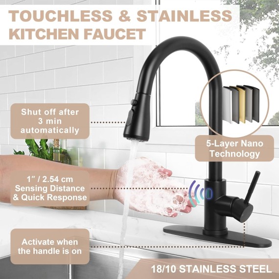 Touchless Kitchen Sink Faucet with Pull Down Sprayer, Herogo Matte Black 18/10 Stainless Steel Motion Sensor Faucet for Kitchen Sink, Single Handle Smart Activated Kitchen Faucet for Farmhouse RV