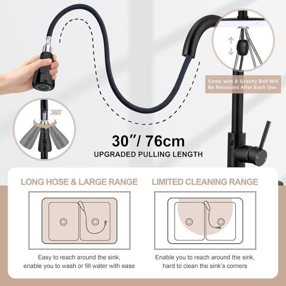 Touchless Kitchen Sink Faucet with Pull Down Sprayer, Herogo Matte Black 18/10 Stainless Steel Motion Sensor Faucet for Kitchen Sink, Single Handle Smart Activated Kitchen Faucet for Farmhouse RV