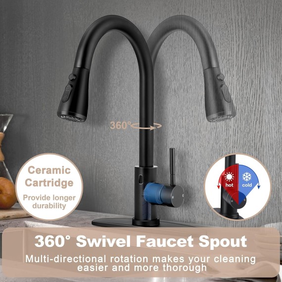 Touchless Kitchen Sink Faucet with Pull Down Sprayer, Herogo Matte Black 18/10 Stainless Steel Motion Sensor Faucet for Kitchen Sink, Single Handle Smart Activated Kitchen Faucet for Farmhouse RV