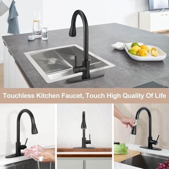 Touchless Kitchen Sink Faucet with Pull Down Sprayer, Herogo Matte Black 18/10 Stainless Steel Motion Sensor Faucet for Kitchen Sink, Single Handle Smart Activated Kitchen Faucet for Farmhouse RV