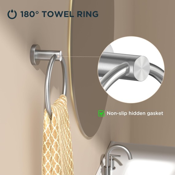 Brushed Nickel Towel Ring, SUS304 Stainless Steel Hand Towel Holder for Bathroom Wall Mounted, Modern Towel Hanger, Towel Rack Round, Ring Towel Holder Ideal for Bath, Kitchen, RV