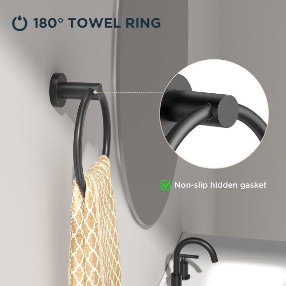 Matte Black Towel Ring, SUS304 Stainless Steel Hand Towel Holder for Bathroom Wall Mounted, Modern Towel Hanger, Towel Rack Round, Ring Towel Holder Ideal for Bath, Kitchen, RV