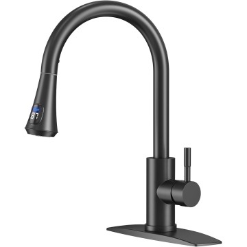 LED Kitchen Faucets, Black Kitchen Faucet with Pull Down Sprayer, Stainless Steel Kitchen Faucets with Temperature Digital Display, Sink Faucet for Farmhouse Camper Laundry Rv Bar