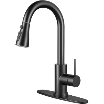 Single Handle High Arc Matte Black Pull Out Kitchen Faucet, Single Level Stainless Steel Kitchen Sink Faucet with Pull Down Sprayer and 10 Inch Deck (Matte Black)