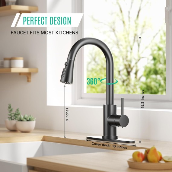 Single Handle High Arc Matte Black Pull Out Kitchen Faucet, Single Level Stainless Steel Kitchen Sink Faucet with Pull Down Sprayer and 10 Inch Deck (Matte Black)