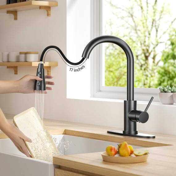 Single Handle High Arc Matte Black Pull Out Kitchen Faucet, Single Level Stainless Steel Kitchen Sink Faucet with Pull Down Sprayer and 10 Inch Deck (Matte Black)