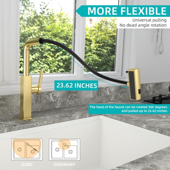 Waterfall Kitchen Faucet,Gold Kitchen Faucet with Pull Down Sprayer,Faucets for Kitchen Sink,Single Handle Kitchen Faucet Stainless Steel,Pull Out Sprayer Kitchen Faucets