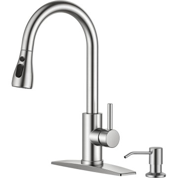 Kitchen Faucet with Soap Dispenser, Brushed Nickel Kitchen Sink Faucet with Pull Down Sprayer, Modern Stainless Steel Kitchen Faucets, Single Handle Sink Faucet for Sink, RV, Laundry, Bar