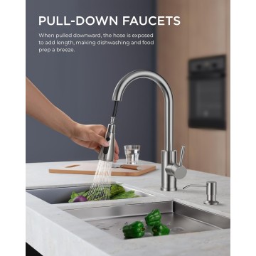 Kitchen Faucet with Soap Dispenser, Brushed Nickel Kitchen Sink Faucet with Pull Down Sprayer, Modern Stainless Steel Kitchen Faucets, Single Handle Sink Faucet for Sink, RV, Laundry, Bar