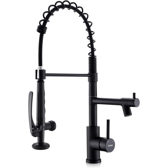 Black Kitchen Faucet with Pull Down Sprayer, Kitchen Sink Faucet with Pot Filler Single Handle Commercial High Arc Stainless Steel Matte Black for Bar Laundry RV Utility Sink