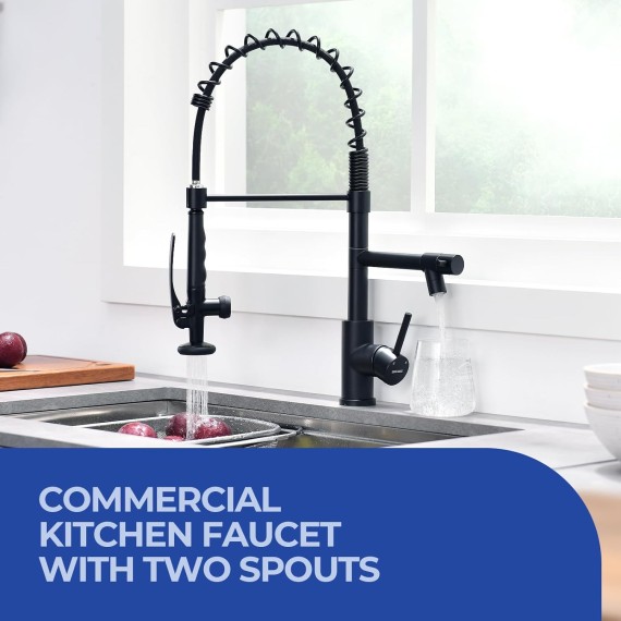 Black Kitchen Faucet with Pull Down Sprayer, Kitchen Sink Faucet with Pot Filler Single Handle Commercial High Arc Stainless Steel Matte Black for Bar Laundry RV Utility Sink