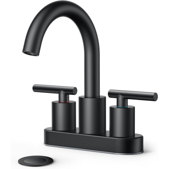 4 Inch Centerset Bathroom Faucet Black, Two Handle Bathroom Sink Faucet with Pop Up Dain Assembly and Supply Lines, Matte Black Faucet for Bathroom Sink 2 Hole, Black Bathroom Vanity Faucet 4"