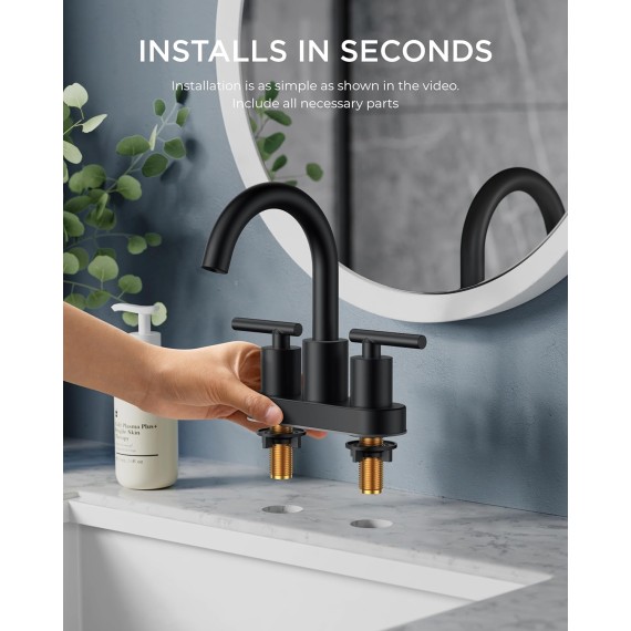 4 Inch Centerset Bathroom Faucet Black, Two Handle Bathroom Sink Faucet with Pop Up Dain Assembly and Supply Lines, Matte Black Faucet for Bathroom Sink 2 Hole, Black Bathroom Vanity Faucet 4"