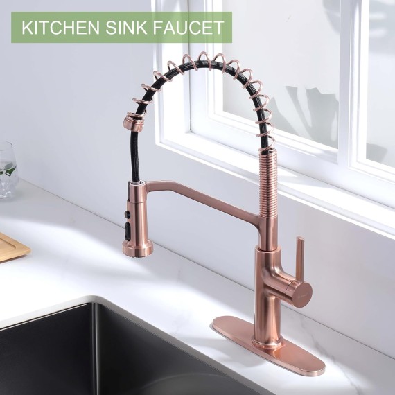 Commercial Kitchen Faucets with Pull Down Sprayer,Stainless Steel Spring Sink Faucets,Single Handle Faucets for RV Bar Camper Laundry Utility,Brushed Gold Rose Faucet