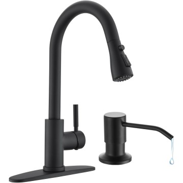 Kitchen Faucet with Soap Dispenser, Stainless Steel Kitchen Sink Faucet with Pull Down Sprayer 3 Mode Single Handle Gooseneck Pull Out Kitchen Faucet for 2/4 Hole, Matte Black