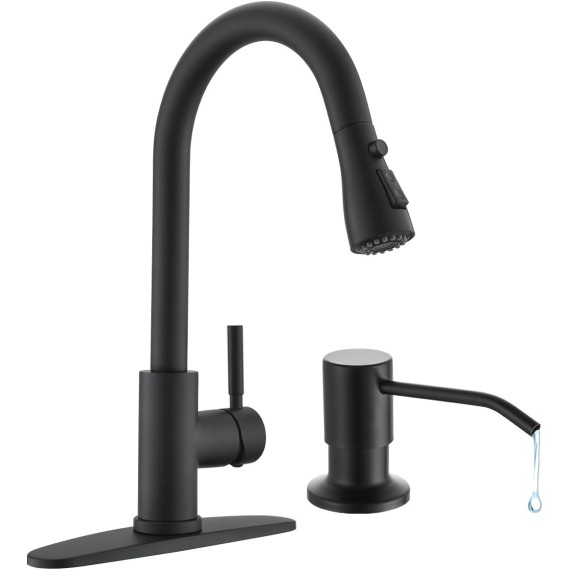 Kitchen Faucet with Soap Dispenser, Stainless Steel Kitchen Sink Faucet with Pull Down Sprayer 3 Mode Single Handle Gooseneck Pull Out Kitchen Faucet for 2/4 Hole, Matte Black