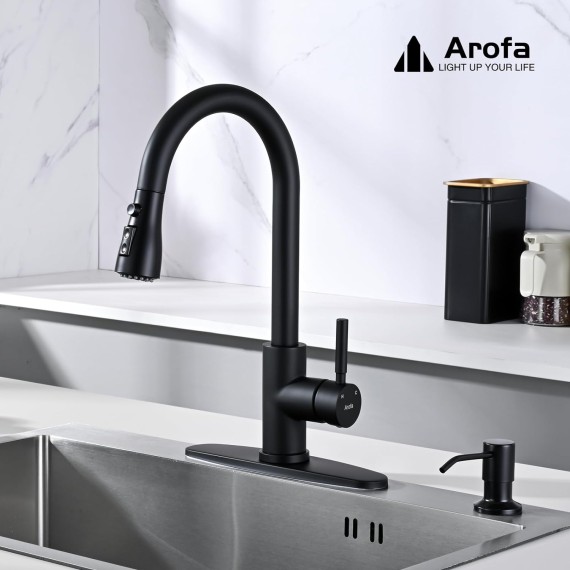 Kitchen Faucet with Soap Dispenser, Stainless Steel Kitchen Sink Faucet with Pull Down Sprayer 3 Mode Single Handle Gooseneck Pull Out Kitchen Faucet for 2/4 Hole, Matte Black