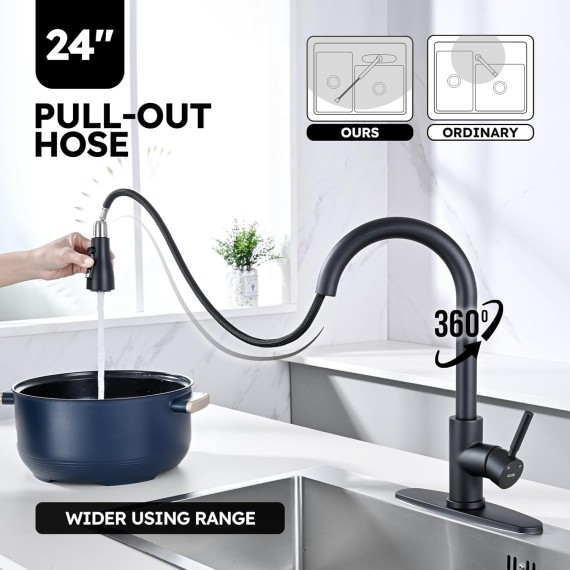 Kitchen Faucet with Soap Dispenser, Stainless Steel Kitchen Sink Faucet with Pull Down Sprayer 3 Mode Single Handle Gooseneck Pull Out Kitchen Faucet for 2/4 Hole, Matte Black