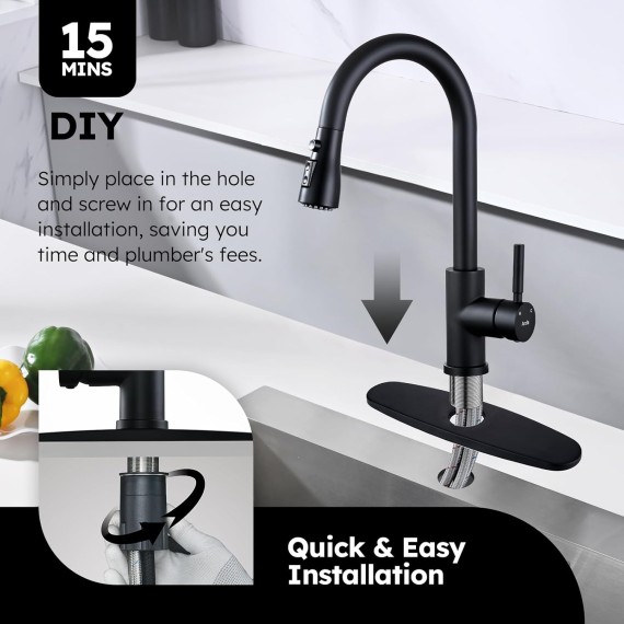 Kitchen Faucet with Soap Dispenser, Stainless Steel Kitchen Sink Faucet with Pull Down Sprayer 3 Mode Single Handle Gooseneck Pull Out Kitchen Faucet for 2/4 Hole, Matte Black