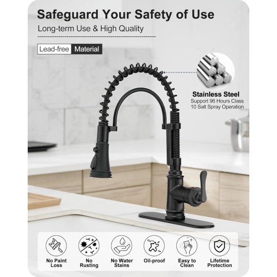 3-Function Kitchen Faucets with Pull Down Sprayer, 1 Hole or 3 Hole Kitchen Faucet Black, 1 Handle Kitchen Sink Faucets, 360 Degree Swivel Stainless Steel Faucet for Kitchen Sink with Deck Plate