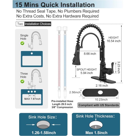 3-Function Kitchen Faucets with Pull Down Sprayer, 1 Hole or 3 Hole Kitchen Faucet Black, 1 Handle Kitchen Sink Faucets, 360 Degree Swivel Stainless Steel Faucet for Kitchen Sink with Deck Plate