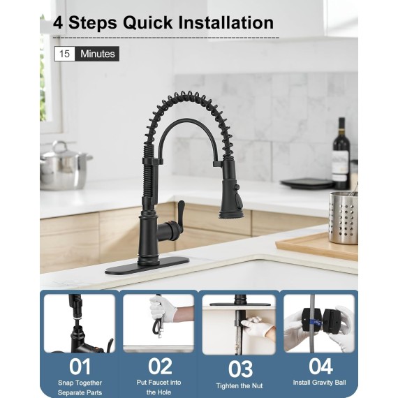 3-Function Kitchen Faucets with Pull Down Sprayer, 1 Hole or 3 Hole Kitchen Faucet Black, 1 Handle Kitchen Sink Faucets, 360 Degree Swivel Stainless Steel Faucet for Kitchen Sink with Deck Plate