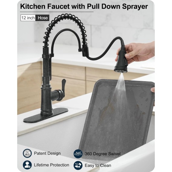 3-Function Kitchen Faucets with Pull Down Sprayer, 1 Hole or 3 Hole Kitchen Faucet Black, 1 Handle Kitchen Sink Faucets, 360 Degree Swivel Stainless Steel Faucet for Kitchen Sink with Deck Plate